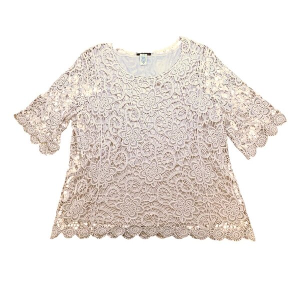 Lace Floral Crochet 3/4 Sleeve Top For Women Jennie & Marlis 2X Beige Boho - Picture 2 of 7